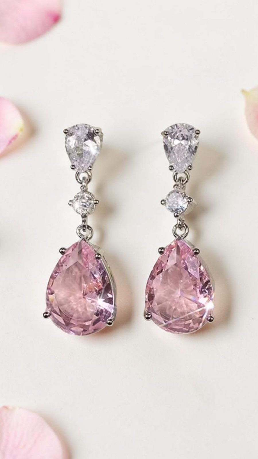 Pink Tear Drop Earrings Silver Crystal Dangle Pear Cut Bridal Wedding Prom Gift