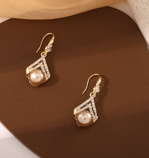 Gold Champagne Pearl Drop Earrings Crystal Geometric Dangle Bridal Banquet Gift