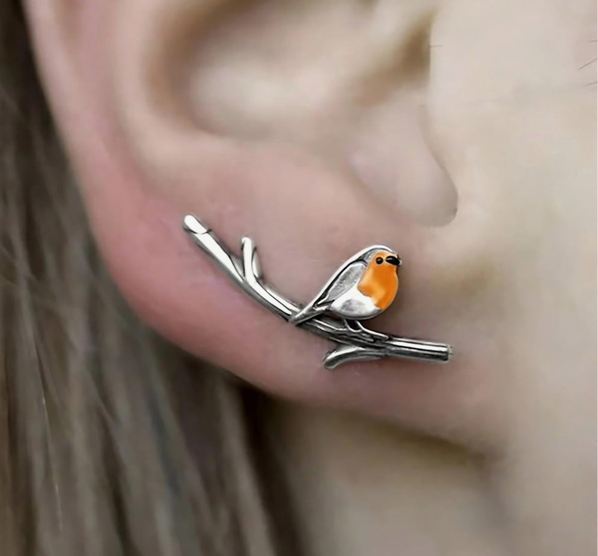 ​Silver Robin Bird Stud Earrings Redbreast Climber Ear Crawlers Cute Wildlife