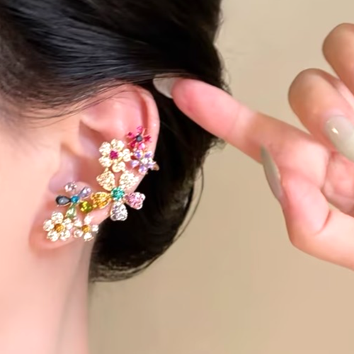 Colorful Crystal Flower Ear Cuff Earrings Full Ear Climber Clip On Statement Par