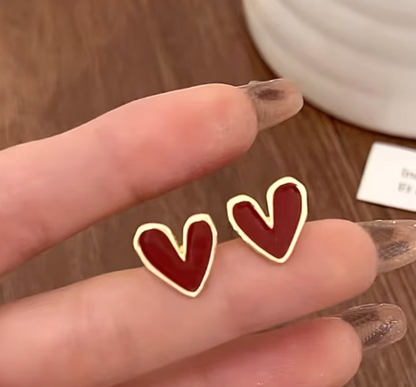 Gold Deep Red Heart Stud Earrings Vintage Boho Dainty Burgundy Minimalist Gift