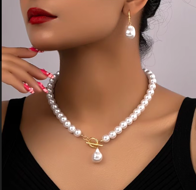 Baroque Pearl Necklace Earrings Set French Retro Gold Toggle Clavicle Chain