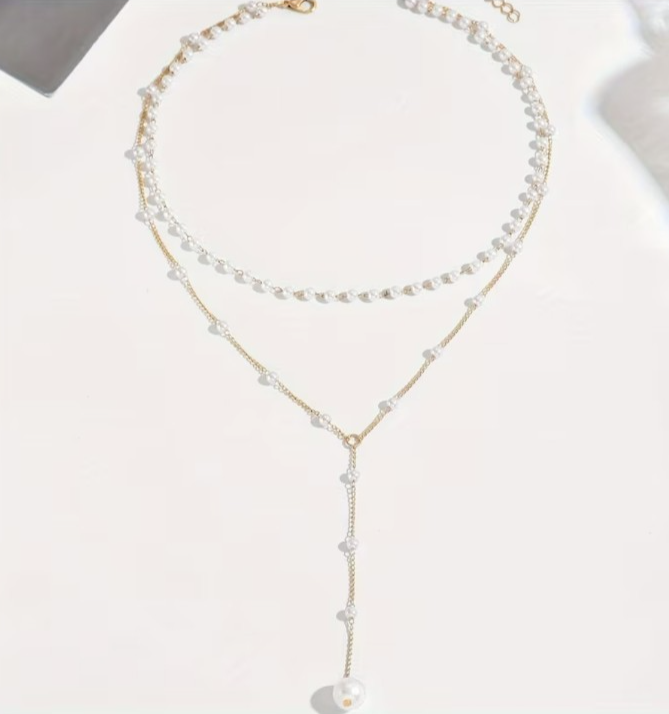 ​Gold Layered Pearl Choker Necklace Y Lariat Drop Tassel Pendant Long Chain Gift