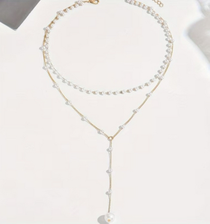 ​Gold Layered Pearl Choker Necklace Y Lariat Drop Tassel Pendant Long Chain Gift