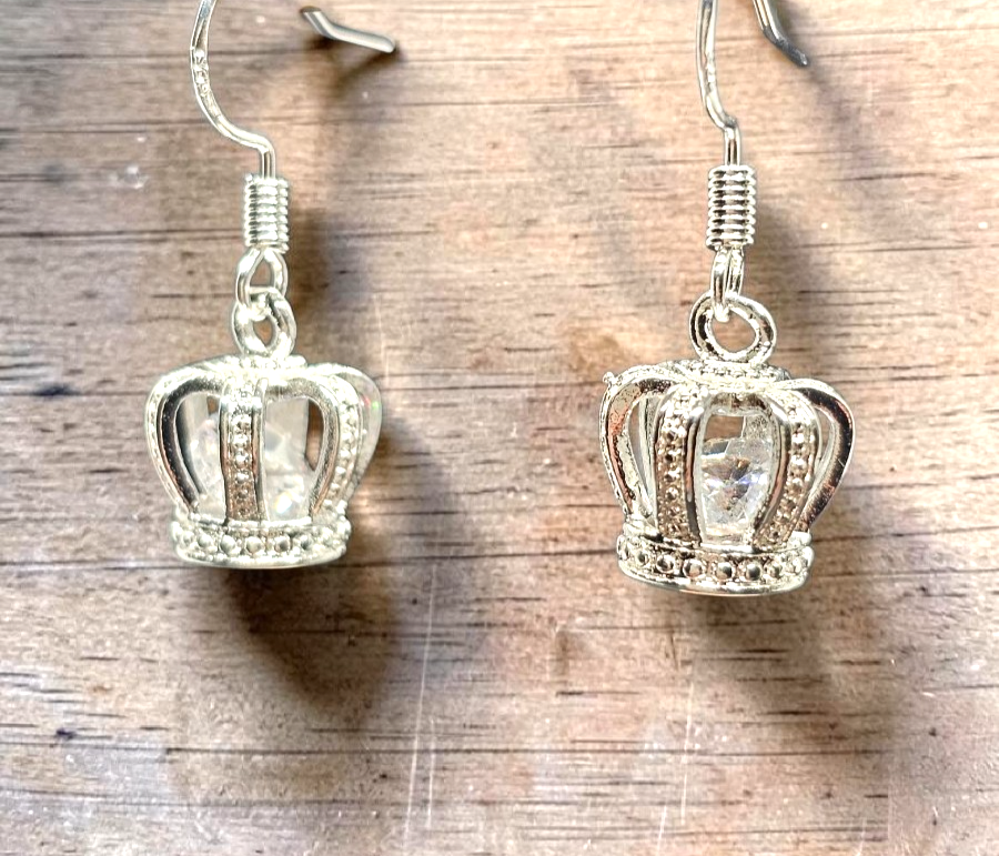 Silver Crown Drop Earrings • Sparkly Gemstone • Princess Style • Gift for Her