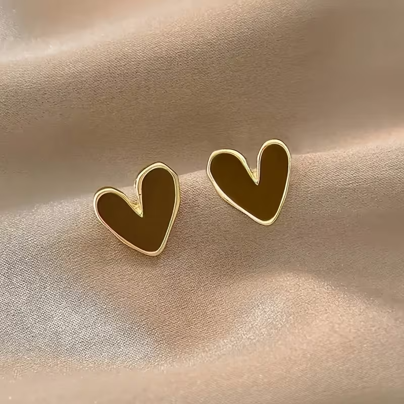 Brown Heart Stud Earrings Gold Tone Irregular Enamel Jewellery Gift