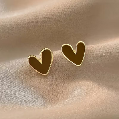 Brown Heart Stud Earrings Gold Tone Irregular Enamel Jewellery Gift