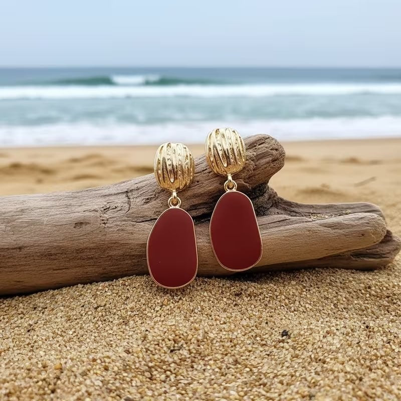Gold Tone and Red Enamel Drop Earrings – Textured Statement Dangle Jewellery