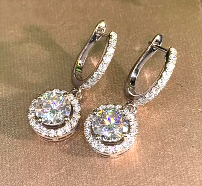 Silver Halo Drop Hoop Earrings Round Cubic Zirconia CZ Leverback Dangle Gift UK