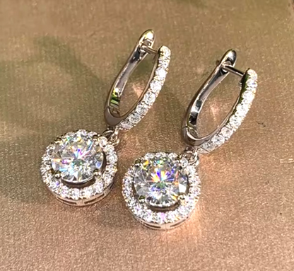 Silver Halo Drop Hoop Earrings Round Cubic Zirconia CZ Leverback Dangle Gift UK