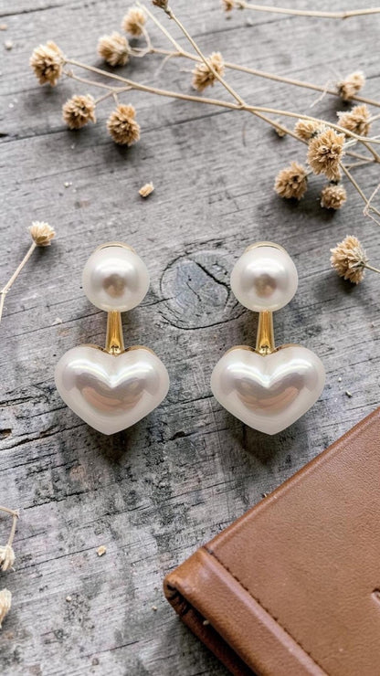 2-in-1 Faux Pearl Heart Ear Jacket Stud Earrings Gold Tone Retro Classic Gift
