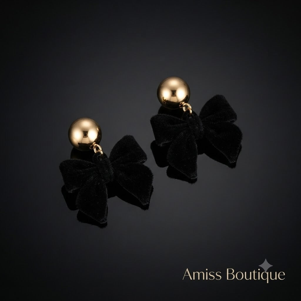 Black Velvet Bow Drop Earrings Gold Tone Statement Fashion Jewellery