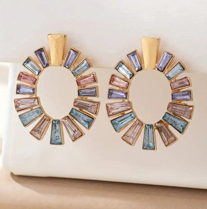 GoldTone Sunburst Circle Earrings Pastel Baguette Crystal Statement Boho Vintage
