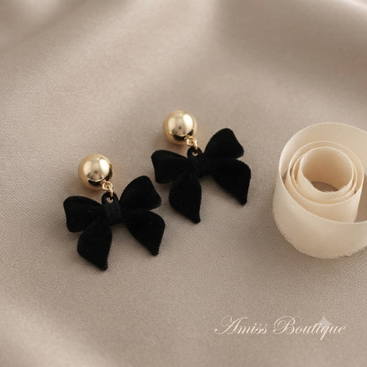 Black Velvet Bow Drop Earrings Gold Tone Statement Fashion Jewellery