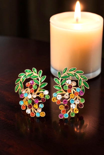Gold Multi Colour Cluster Earrings Crystal Mori Leaf Drop Boho Festival Gift