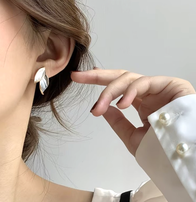 ​Gold Enamel Leaf Earrings Minimalist Contrasting Grey White Plant Studs Gift