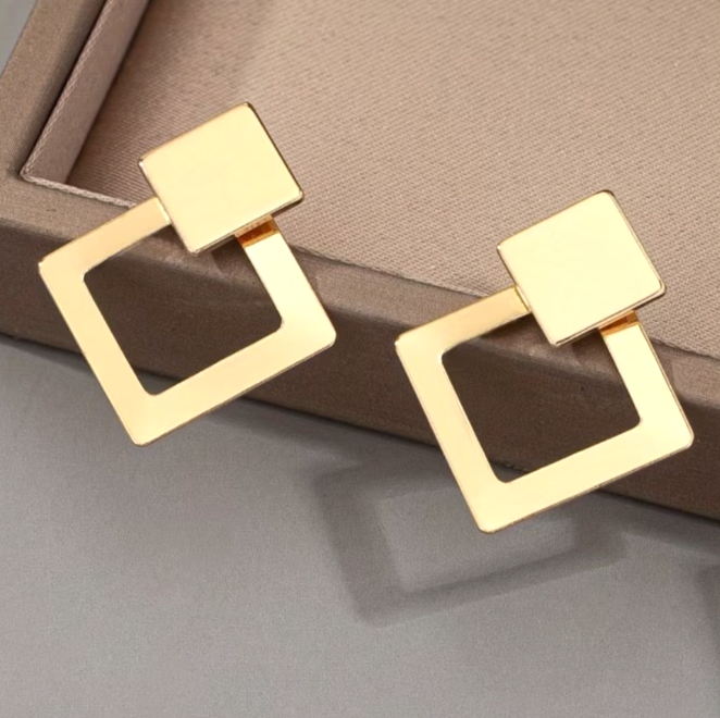 Golden Geometric Earrings Double Layer Square Rhombus Drop Minimalist Studs 3cm