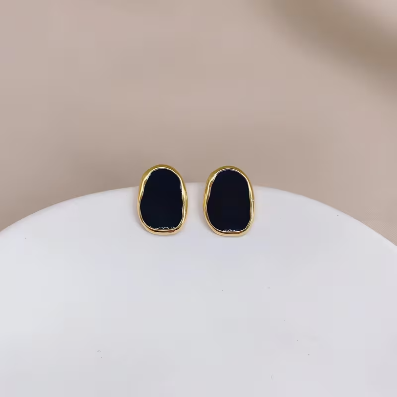 Black Oval Stud Earrings Gold Tone Vintage Geometric Statement Jewellery