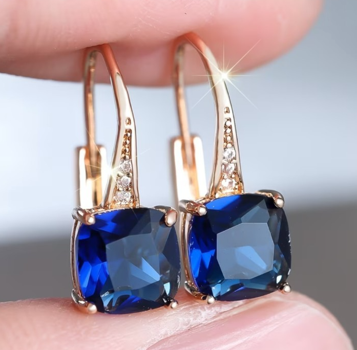Gold Blue Sapphire Drop Earrings Cushion Cut Leverback Cushion Dangle UK