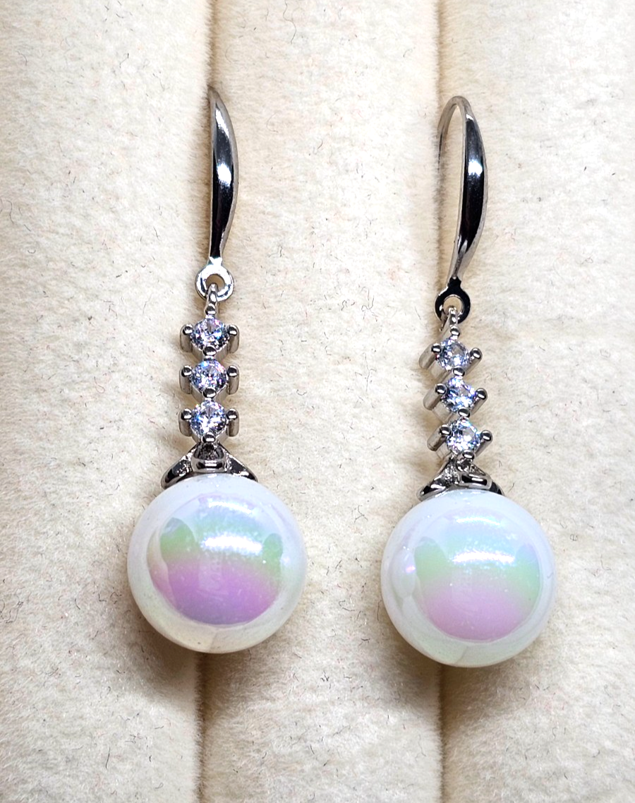 Silver Crystal Dangle White Pearl Drop Earrings Bridal Wedding Elegant Jewelry