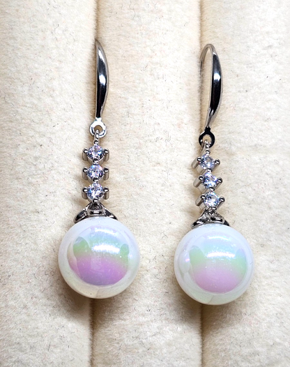 Silver Crystal Dangle White Pearl Drop Earrings Bridal Wedding Elegant Jewelry