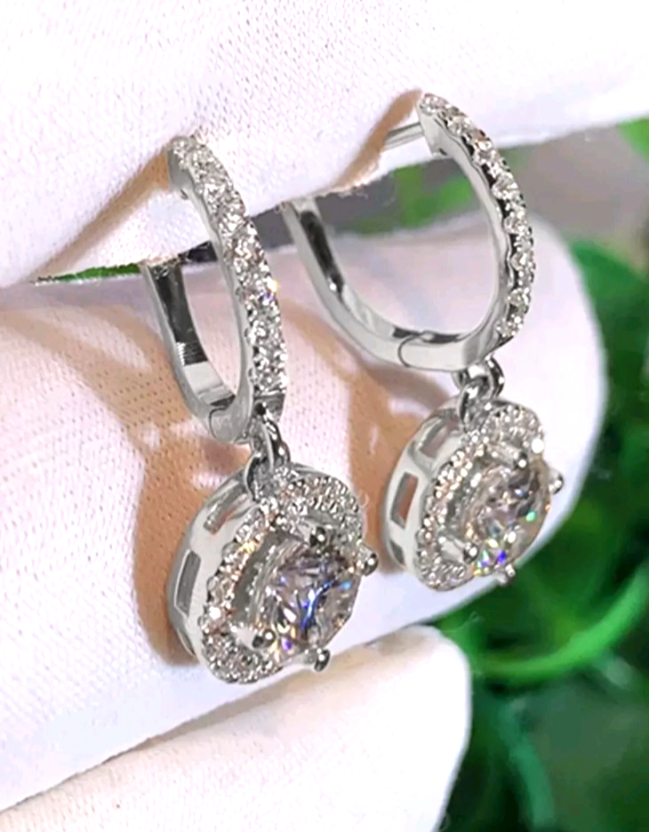 Silver Halo Drop Hoop Earrings Round Cubic Zirconia CZ Leverback Dangle Gift UK