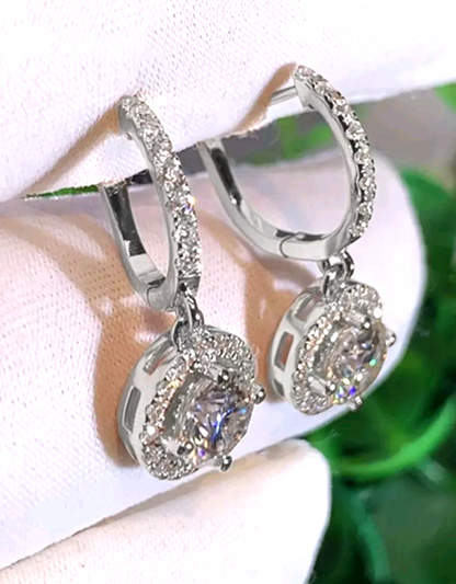 Silver Halo Drop Hoop Earrings Round Cubic Zirconia CZ Leverback Dangle Gift UK