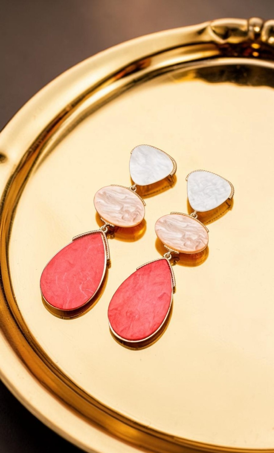 Gold Pastel Pink Pastel Drop Earrings Geometric Tiered Resin Dangle Statement UK