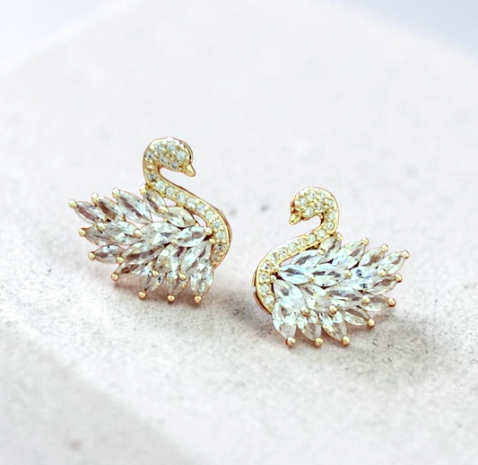 Gold Tone Swan Crystal Stud Earrings Elegant Sparkly Statement Bridal Gift