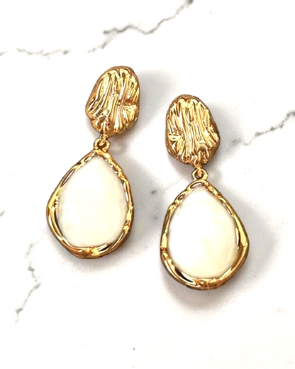 Gold Vintage Drop Earrings Textured Resin Teardrop Dangle French Style Gift