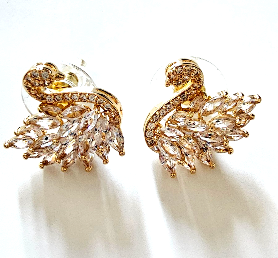 Sparkly Gold Tone Swan Crystal Stud Earrings Elegant Statement Bridal Gift