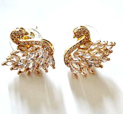 Sparkly Gold Tone Swan Crystal Stud Earrings Elegant Statement Bridal Gift