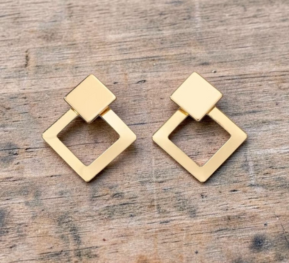 Golden Geometric Earrings Double Layer Square Rhombus Drop Minimalist Studs 3cm