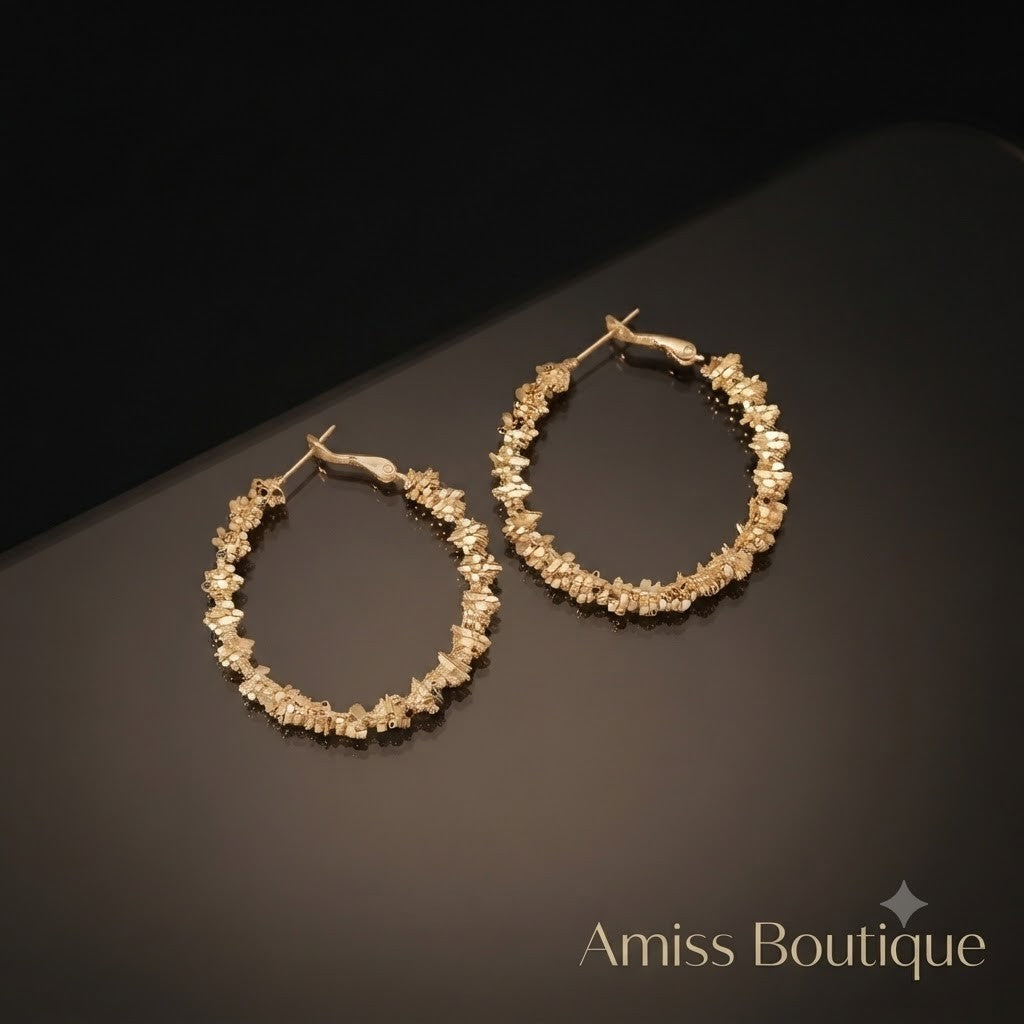 Gold Textured Hoop Earrings Chunky Statement Beaded Circle Jewellery