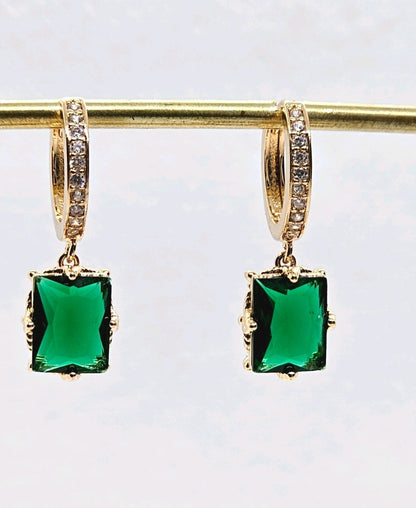 Gold Emerald Green Square Hoop Earrings CZ Pavé Huggie Cushion Drop Dangle UK