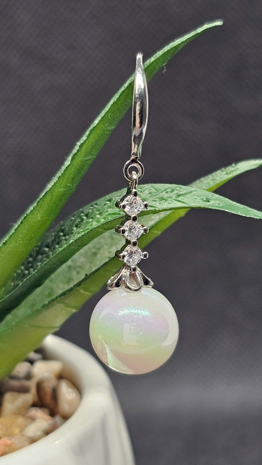 Silver Crystal Dangle White Pearl Drop Earrings Bridal Wedding Elegant Jewelry