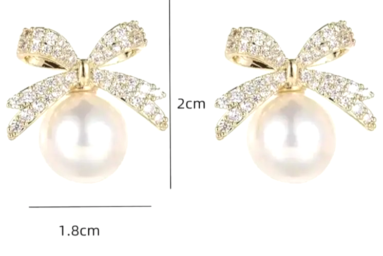 ​Gold Ribbon Bow Stud Earrings Pearl Drop Cubic Zirconia Dainty Coquette Gift