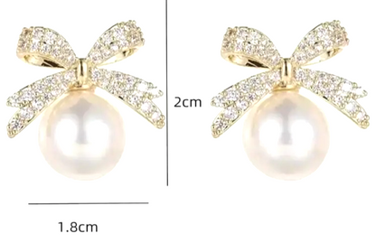 ​Gold Ribbon Bow Stud Earrings Pearl Drop Cubic Zirconia Dainty Coquette Gift