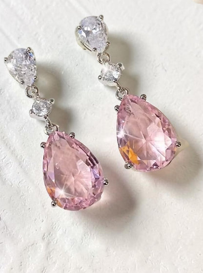 Pink Tear Drop Earrings Silver Crystal Dangle Pear Cut Bridal Wedding Prom Gift