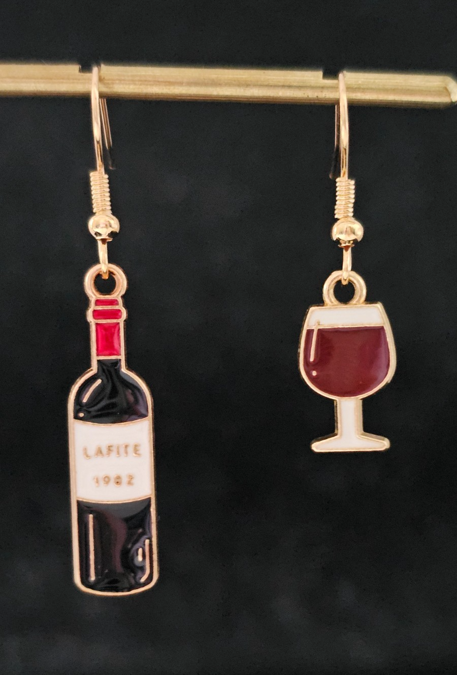 Wine Bottle & Glass Dangle Earrings Gold Tone Novelty Drink Lover Cute Gift