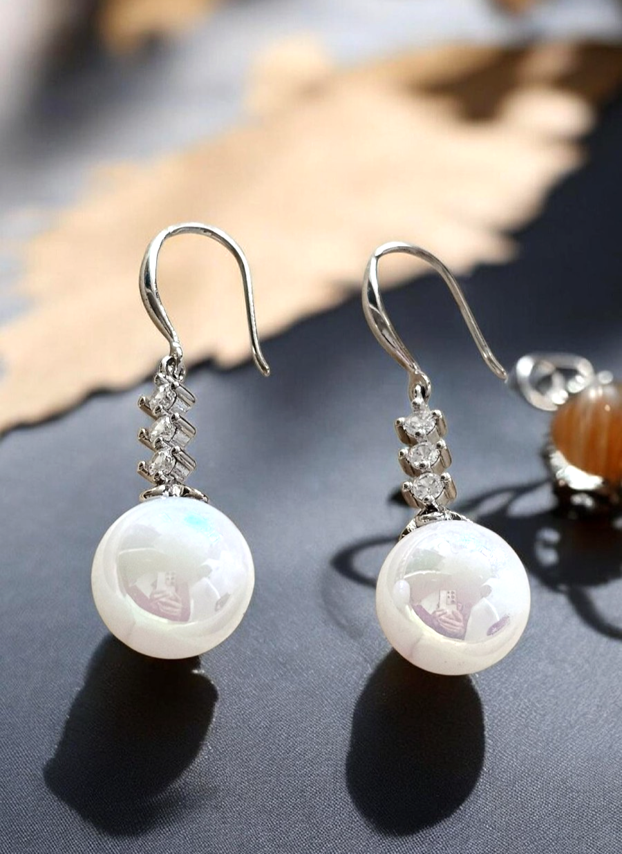 Silver Crystal Dangle White Pearl Drop Earrings Bridal Wedding Elegant Jewelry