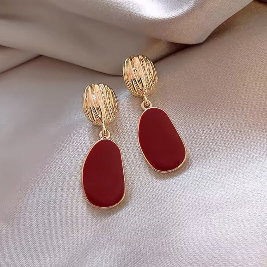 Gold Tone and Red Enamel Drop Earrings – Textured Statement Dangle Jewellery