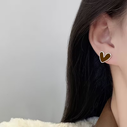 Brown Heart Stud Earrings Gold Tone Irregular Enamel Jewellery Gift