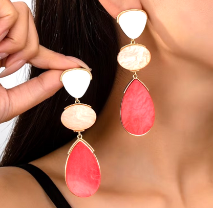 Gold Pink Coral Drop Earrings Large Multi Layer Marble Geometric Statement Gift