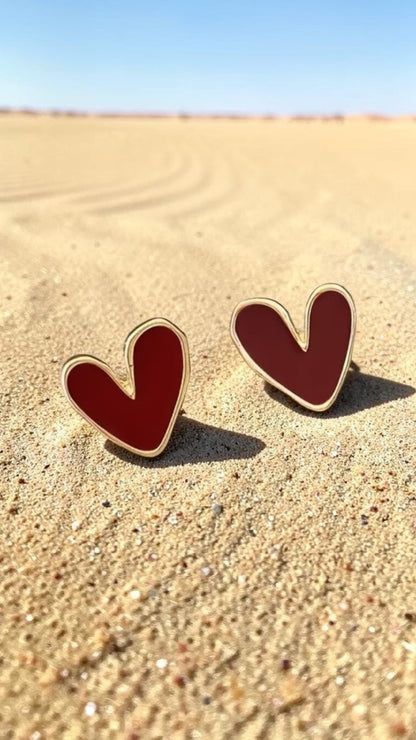Gold Deep Red Heart Stud Earrings Vintage Boho Dainty Burgundy Minimalist Gift