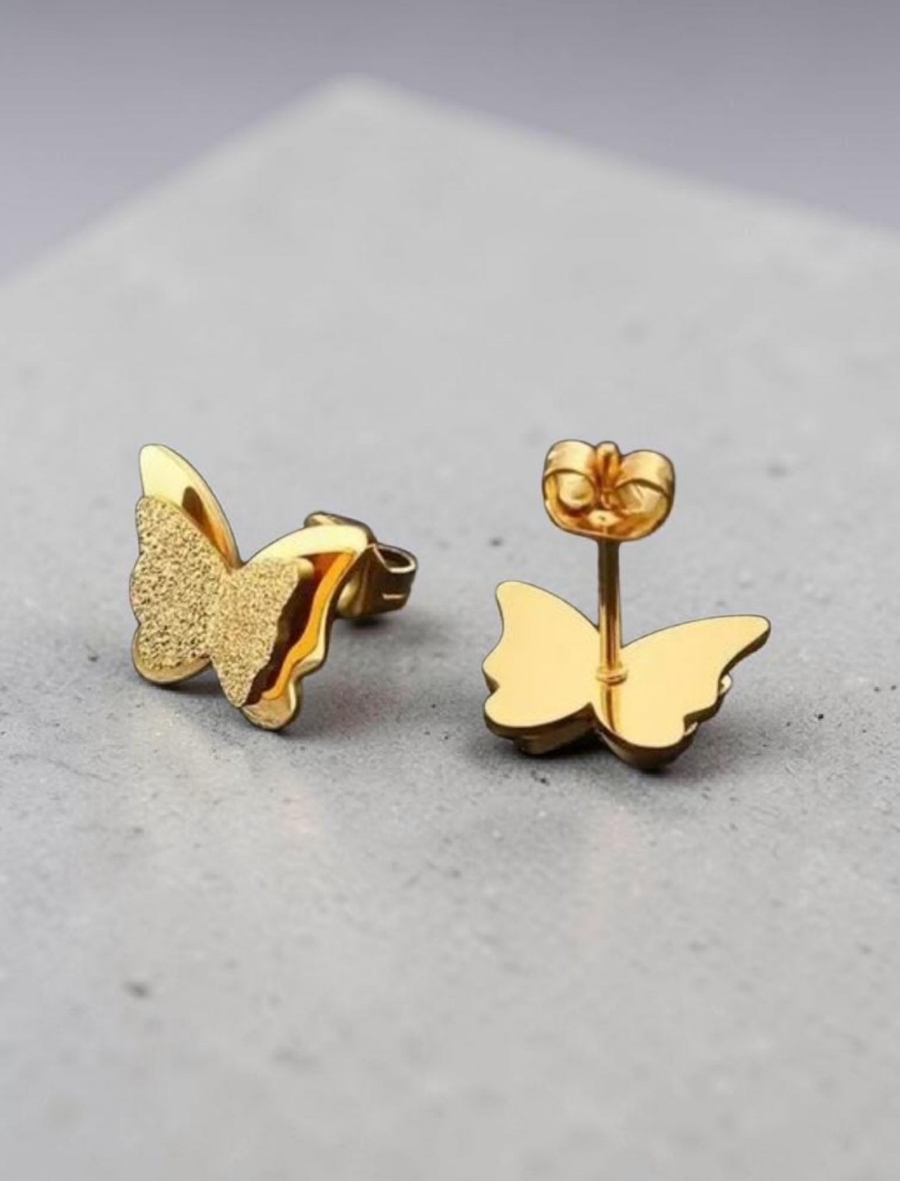 Gold Plated Stainless Steel Butterfly Stud Earrings Layered Frosted Glitter UK