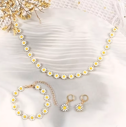 4PCS Daisy Jewellery Set Necklace Bracelet Earrings Floral Gold Tone Cute Boho G