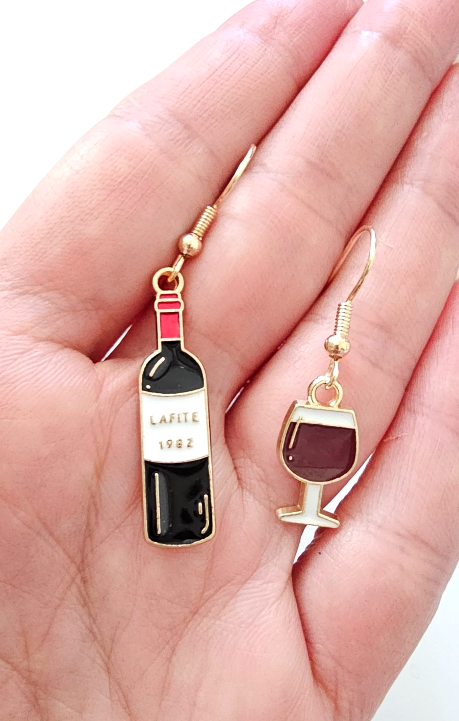 Wine Bottle & Glass Dangle Earrings Gold Tone Novelty Drink Lover Cute Gift