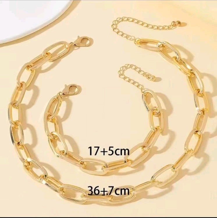 ​Gold Chunky Chain Necklace Bracelet Set Oval Link Choker Matching Jewelry Gift