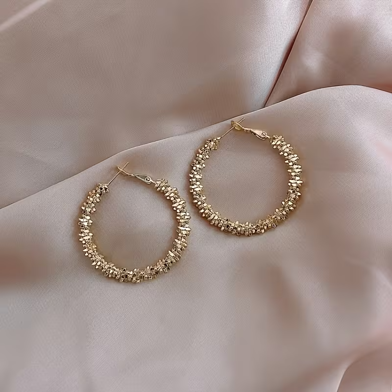 Gold Textured Hoop Earrings Chunky Statement Beaded Circle Jewellery